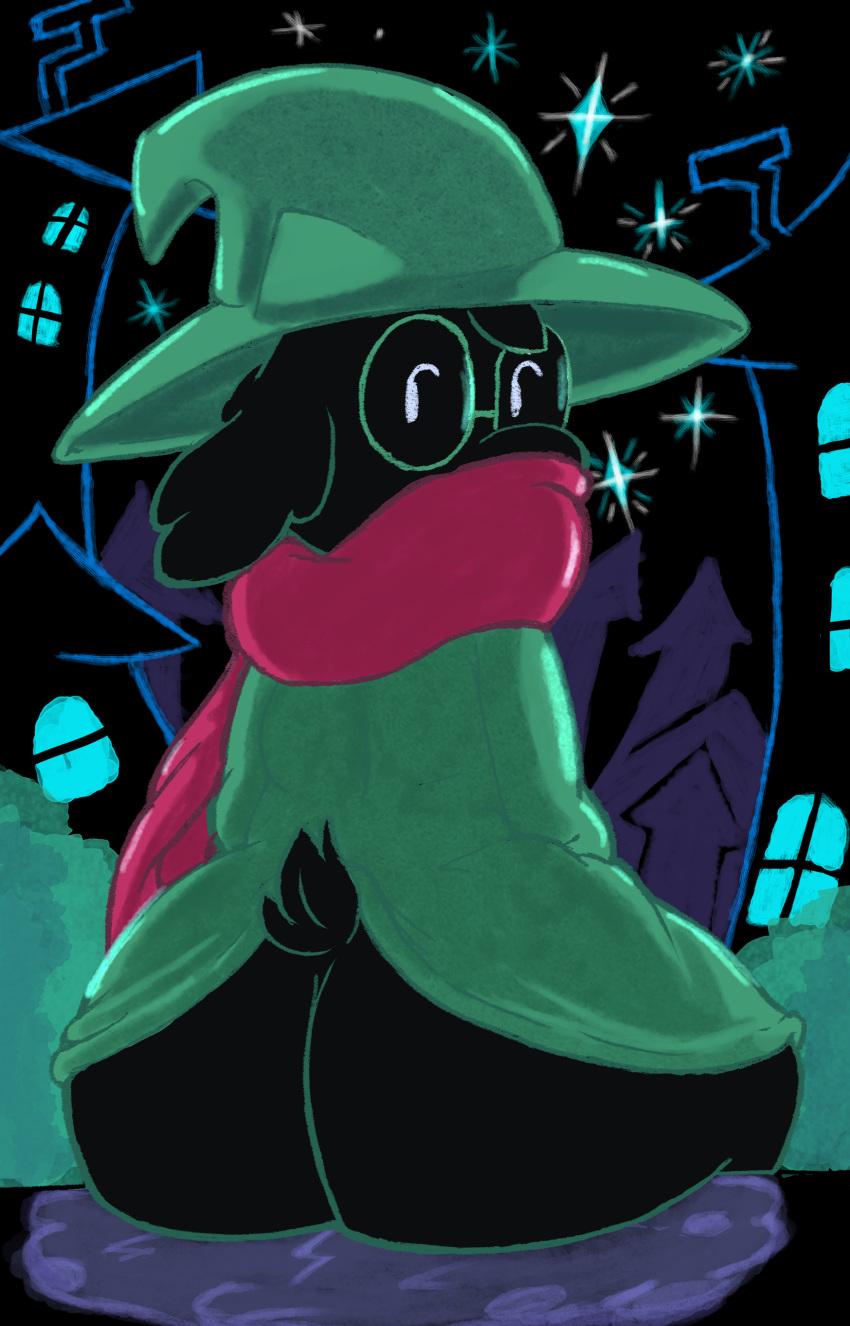 absurd_res anthro bovid butt caprine clothed clothing deltarune eyewear glasses goat hi_res looking_back male mammal outside partially_clothed presenting presenting_hindquarters ralsei solo undertale_(series) video_games zeebsart