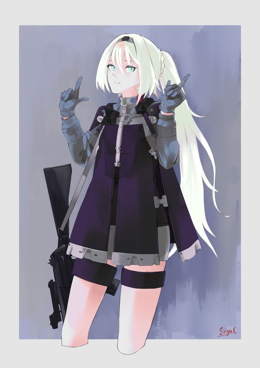 1girl absurdres an-94 an-94_(girls'_frontline) aqua_eyes arms_up artist_name assault_rifle bangs black_hairband blonde_hair border breasts closed_mouth feet_out_of_frame girls'_frontline gloves grey_gloves gun hairband highres holding holding_gun holding_weapon index_finger_raised jacket long_hair long_sleeves looking_at_viewer mod3_(girls'_frontline) ponytail rifle simple_background small_breasts smile solo standing sugac tactical_clothes weapon white_border