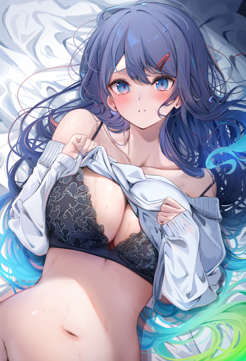 1girl absurdres bare_shoulders blue_eyes blue_hair blush bra breasts cleavage clenched_teeth clothes_lift collarbone glowing glowing_hair gradient_hair hair_between_eyes hair_ornament hairclip highres komupi large_breasts lingerie long_hair long_sleeves looking_at_viewer lying multicolored_hair navel off-shoulder_sweater off_shoulder on_back original sweat sweater sweater_lift teeth underwear white_sweater