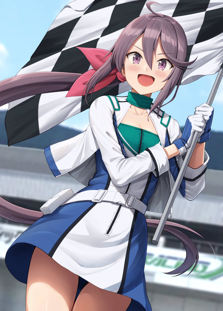 1girl akebono_(kancolle) belt blue_skirt blurry blurry_background blush checkered_flag collarbone cowboy_shot flag fuji_speedway gloves hair_between_eyes hair_ribbon highres holding holding_flag ichikawa_feesu jacket kantai_collection long_hair long_sleeves official_alternate_costume open_clothes open_jacket open_mouth pink_ribbon purple_eyes purple_hair race_queen ribbon side_ponytail skirt smile solo white_belt white_gloves white_jacket white_skirt