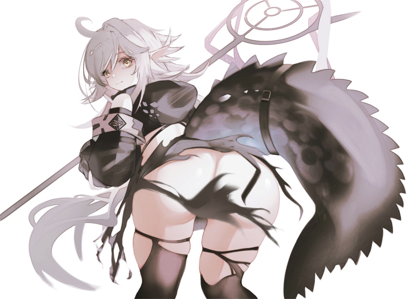 1girl absurdres ahoge arknights ass bangs bare_shoulders bent_over black_dress closed_mouth crocodilian_tail detached_sleeves dress from_behind grey_hair highres holding holding_staff hood hood_down l.v.c. long_hair long_sleeves looking_at_viewer looking_back no_panties pointy_ears simple_background smile solo staff tail tail_strap tomimi_(arknights) torn_clothes torn_dress torn_thighhighs very_long_hair white_background yellow_eyes