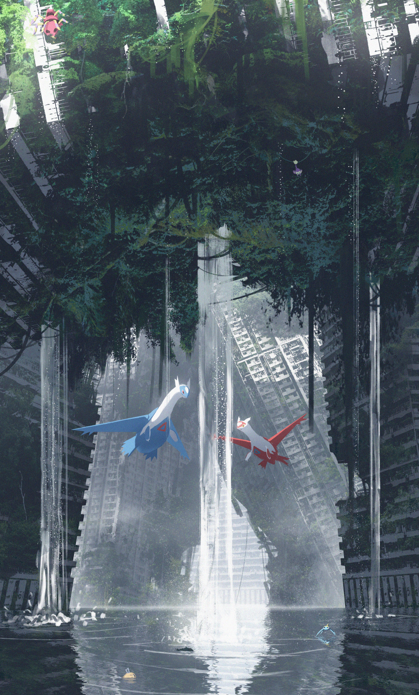 absurdres aipom ariados asteroid_ill building feebas flying highres no_humans outdoors overgrown plant pokemon pokemon_(creature) reflection reflective_water ruins scenery surskit vines water waterfall