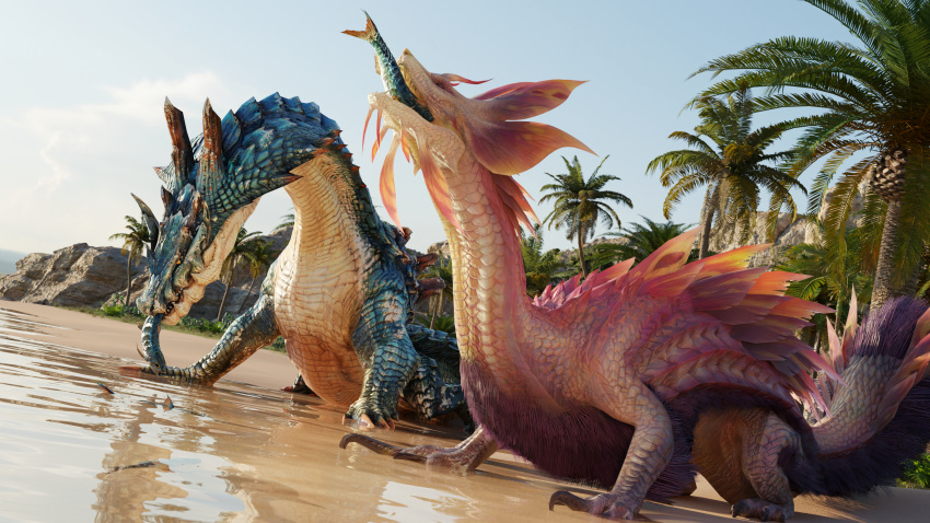 16:9 2021 3d_(artwork) 4k absurd_res ambiguous_gender beach blue_body capcom claws detailed_background digital_media_(artwork) duo eating feral fish fishing fluffy fluffy_chest fluffy_tail fur hair hi_res horn ivorylagiacrus lagiacrus leviathan_(mh) marine mizutsune monster_hunter open_mouth outside palm_tree pink_body pink_scales plant purple_body purple_fur purple_hair sand scales scalie seaside sharing_food sky swallowing teeth tree video_games water white_body widescreen