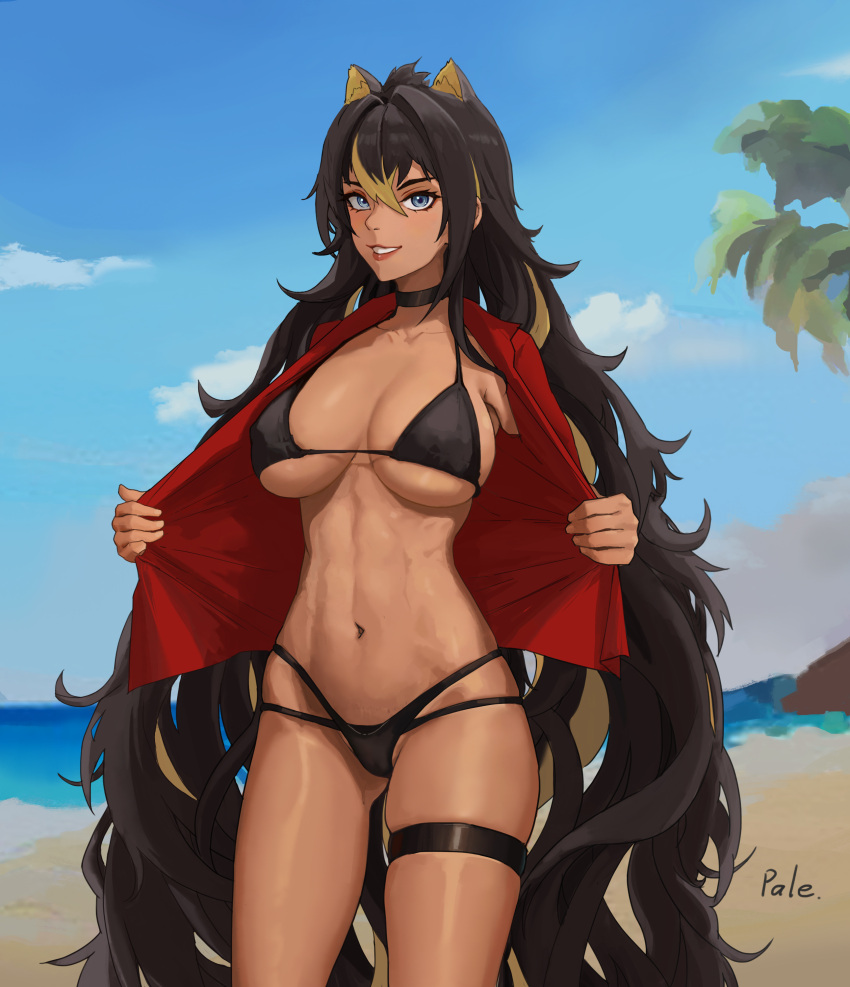 1girl absurdres ass_visible_through_thighs bangs beach bikini black_bikini black_choker black_hair blonde_hair blue_eyes blue_sky breasts chinese_commentary choker cloud commentary_request cowboy_shot day dehya_(genshin_impact) genshin_impact grin hair_between_eyes highres jacket large_breasts long_hair looking_at_viewer multicolored_hair navel open_clothes open_jacket pale_laomo partial_commentary pink_lips pointy_hair red_jacket sky smile solo standing stomach streaked_hair swimsuit thigh_strap thighs very_long_hair