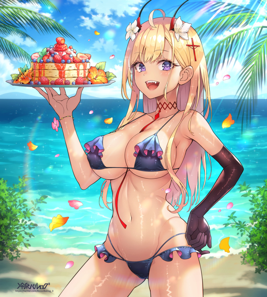 1girl azur_lane beach bikini black_gloves blonde_hair blue_bikini blue_sky breasts cake cloud commentary_request cross_hair_ornament day elbow_gloves flower food frilled_bikini frills gloves hair_flower hair_ornament highres holding holding_cake holding_food horns kumano_(azur_lane) kumano_(fancy_waves)_(azur_lane) large_breasts long_hair looking_at_viewer navel ocean official_alternate_costume open_mouth outdoors purple_eyes reisen_balrog sharp_teeth single_glove sky smile solo swimsuit teeth upper_teeth web_address