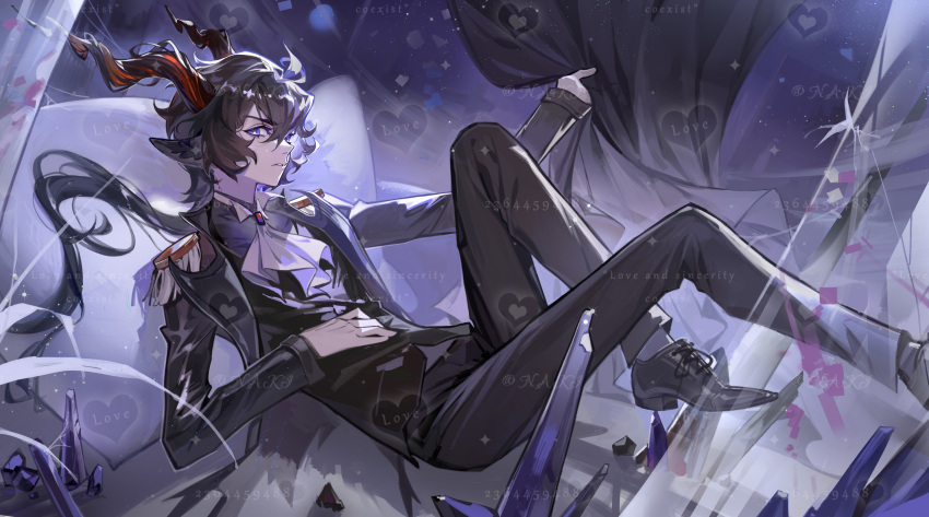 1boy absurdres animal_ears arknights bishounen black_hair choro-nakini curtains ebenholz_(arknights) english_text formal full_body goat_boy goat_ears heart highres long_hair looking_at_viewer male_focus neckerchief ponytail purple_eyes shoes solo suit