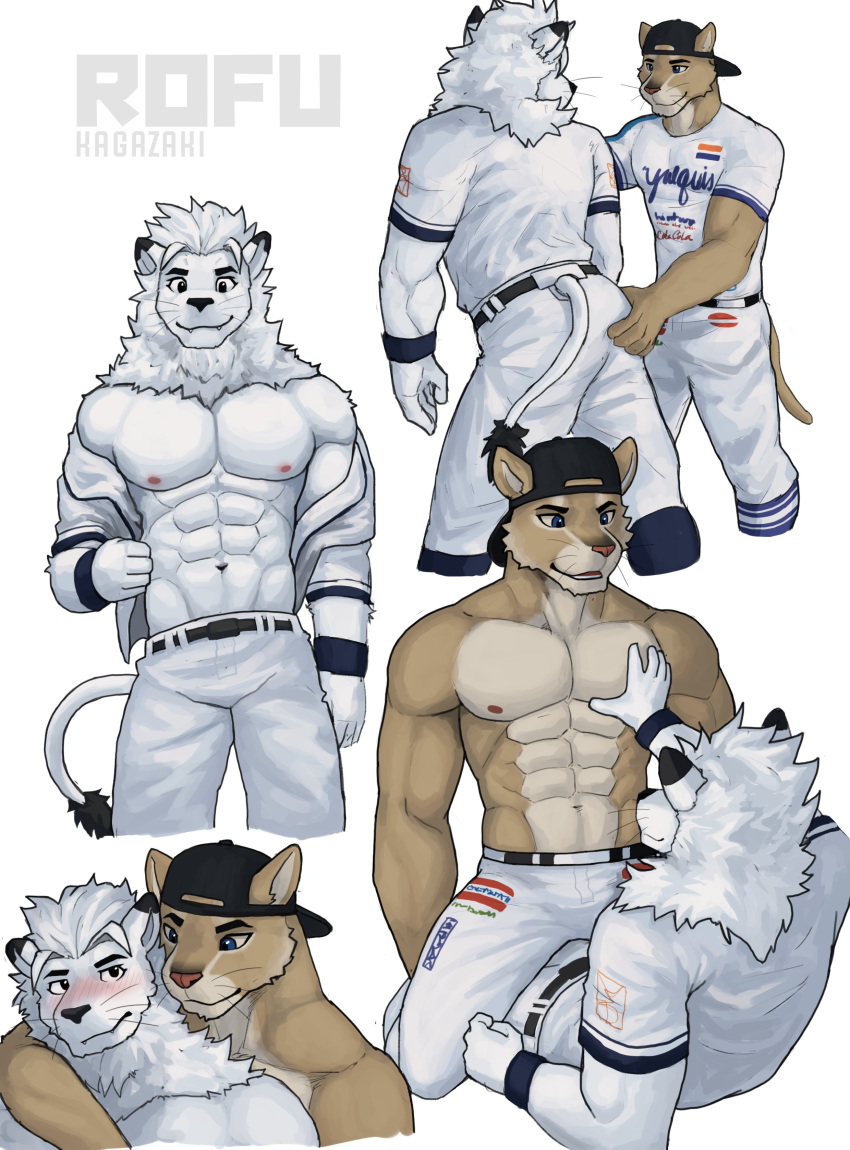 2022 absurd_res anthro artist_name backwards_baseball_cap backwards_hat baseball_cap butt clothing cougar countershading felid feline fur hat headgear headwear hi_res interspecies leo_(saitama_seibu_lions) male male/male mammal mascot muscular muscular_anthro muscular_male nippon_professional_baseball pec_grasp rofu_kagazaki saitama_seibu_lions white_body white_fur yaco_puma