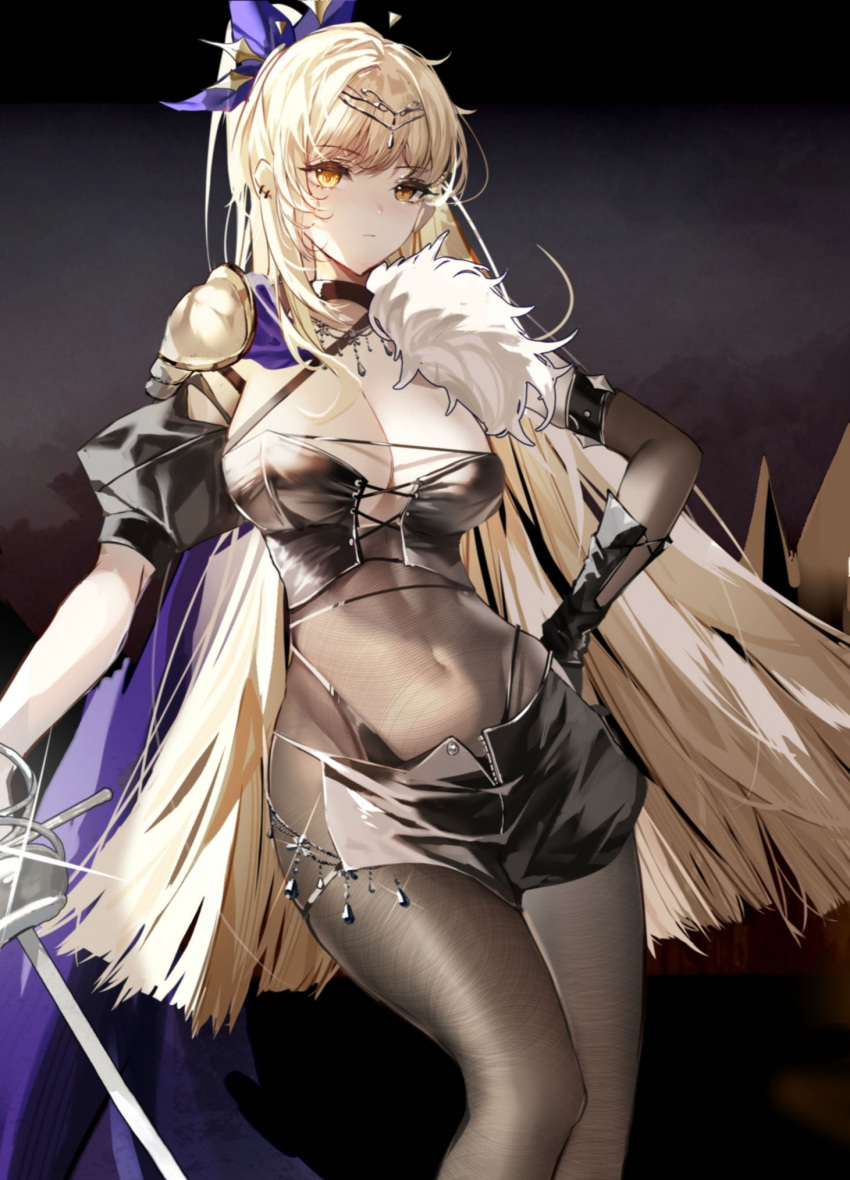 1girl armor blonde_hair breasts cleavage covered_navel cross-laced_clothes cross-laced_top ear_piercing elbow_gloves fur_trim gloves hair_ribbon high-waist_pantyhose high_ponytail highleg highleg_panties highres holding holding_weapon jewelry large_breasts long_hair necklace original panties pantyhose piercing puffy_sleeves ribbon shoulder_armor single_elbow_glove skirt thighs underwear very_long_hair weapon xiongshouji yellow_eyes