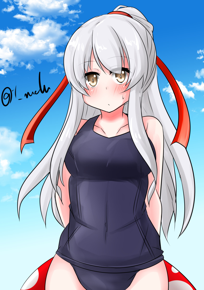 1girl alternate_costume arms_behind_back blue_sky blush breasts brown_eyes cloud collarbone day embarrassed hair_between_eyes hairband highres innertube kantai_collection long_hair looking_at_viewer medium_breasts outdoors ponytail school_swimsuit shoukaku_(kancolle) sky sweatdrop swimsuit t_(dyuhuhudyukusi) twitter_username white_hair yellow_eyes