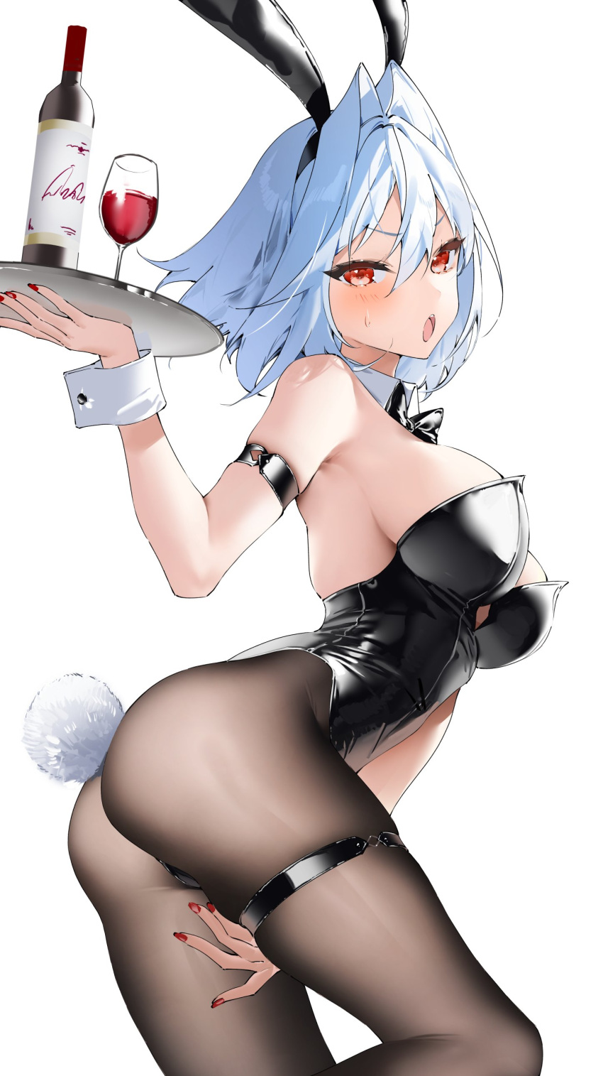 1girl absurdres alcohol animal_ears bangs bare_shoulders black_leotard black_thighhighs blue_hair blush bow bowtie breasts cup detached_collar drinking_glass from_side hair_between_eyes hair_ornament hand_on_own_crotch highres holding holding_tray ichibi leotard medium_breasts nail_polish open_mouth original playboy_bunny rabbit_ears rabbit_tail red_eyes red_nails simple_background skin_tight solo strapless strapless_leotard sweatdrop tail thighhighs tray white_background wine wine_glass wrist_cuffs