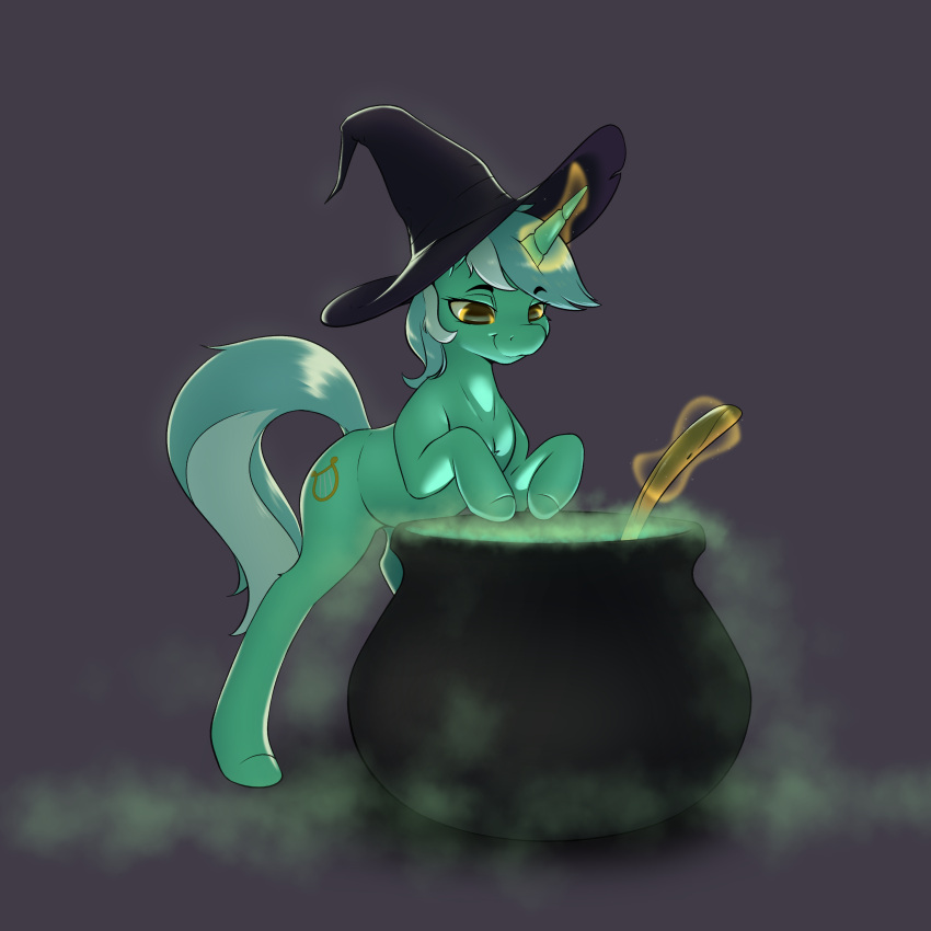 absurd_res aquaticvibes cauldron clothing cutie_mark cutlery digital_media_(artwork) equid equine eyebrows female feral friendship_is_magic glowing glowing_horn green_body green_hair green_tail hair halloween hasbro hat headgear headwear hi_res holidays hooves horn kitchen_utensils looking_down lyra_heartstrings_(mlp) magic mammal multicolored_hair my_little_pony simple_background smile solo spoon tools two_tone_hair two_tone_tail unicorn white_hair white_tail witch_hat yellow_eyes