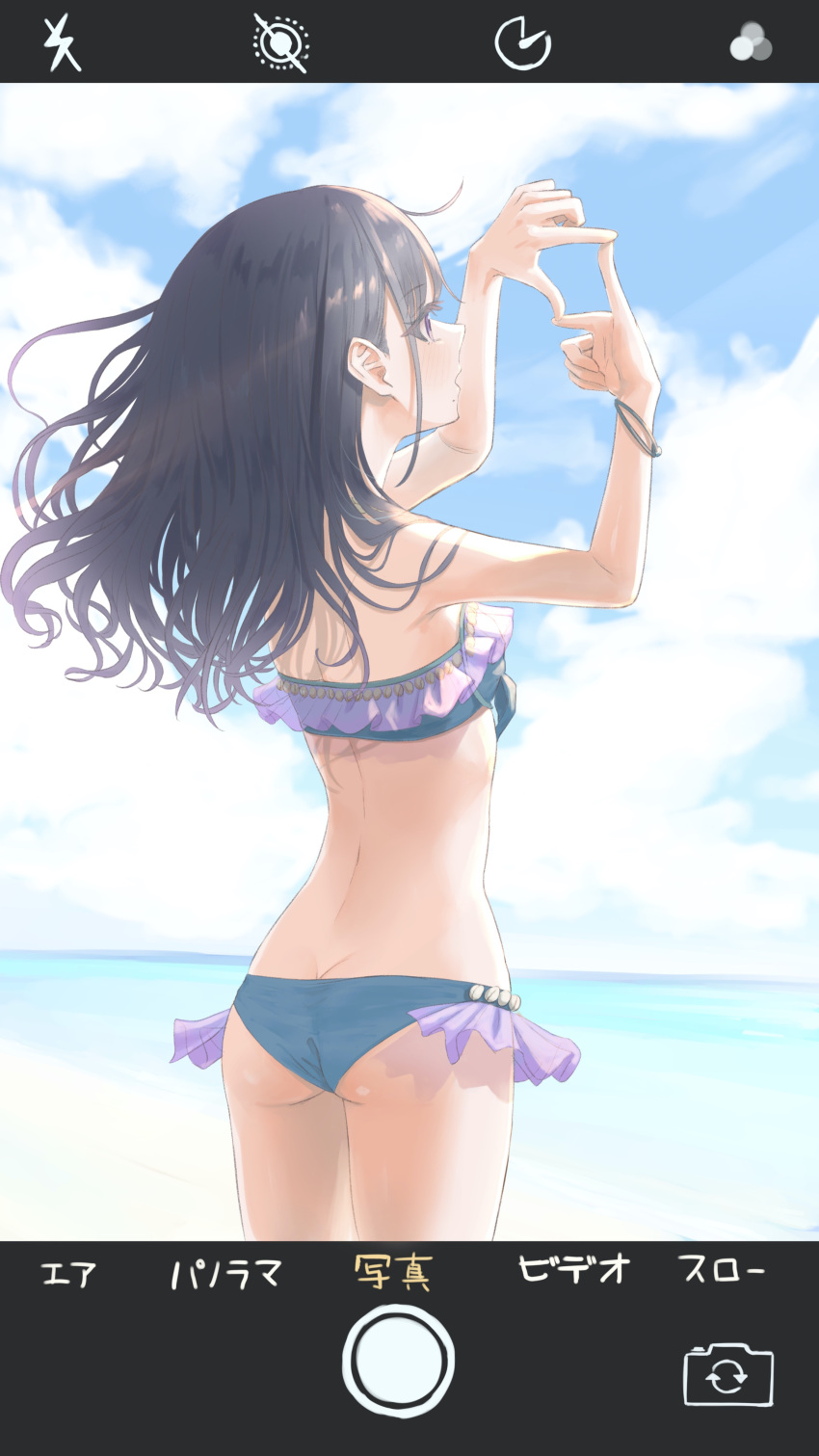 1girl absurdres ass beach bikini black_hair blue_bikini blush bracelet butt_crack cloud finger_frame frilled_bikini frills highres idolmaster idolmaster_shiny_colors jewelry kazano_hiori long_hair looking_afar mole mole_under_mouth profile shoulder_blades solo swimsuit umirororo viewfinder