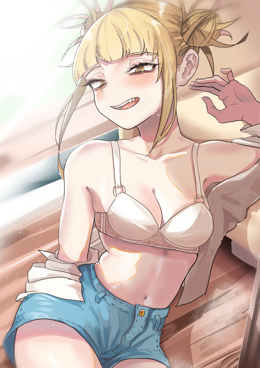 1girl absurdres bangs bare_shoulders blonde_hair blue_shorts blunt_bangs blush boku_no_hero_academia bra breasts brown_eyes cleavage collarbone cowboy_shot double_bun hair_bun highres looking_at_viewer messy_hair midriff navel open_clothes open_mouth open_shirt shirt_partially_removed short_hair_with_long_locks short_shorts shorts sidelocks sitting solo toga_himiko underwear white_bra zd_(pixiv6210083)