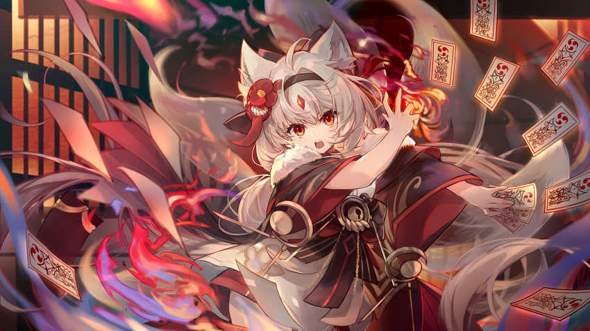 1girl absurdres ahoge albino animal_ears benghuai_xueyuan card cat_ears fox_girl fur_trim grey_hair headband highres honkai_(series) japanese_clothes long_hair official_art open_mouth red_eyes shion_(honkai) solo