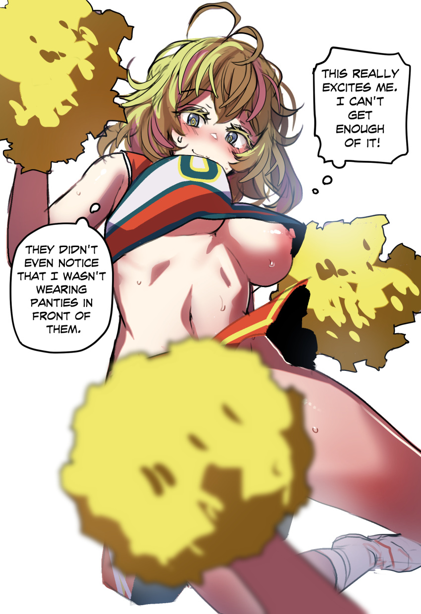 1girl absurdres antenna_hair bare_shoulders blonde_hair blue_eyes blush boku_no_hero_academia breasts cheerleader closed_mouth crop_top english_text female_pervert from_below hagakure_tooru hands_up highres hinghoi holding holding_pom_poms jumping large_breasts looking_down medium_hair messy_hair midriff miniskirt navel nipples one_breast_out pervert pom_pom_(cheerleading) simple_background skirt solo thick_eyelashes thought_bubble u.a._cheerleader_uniform underboob