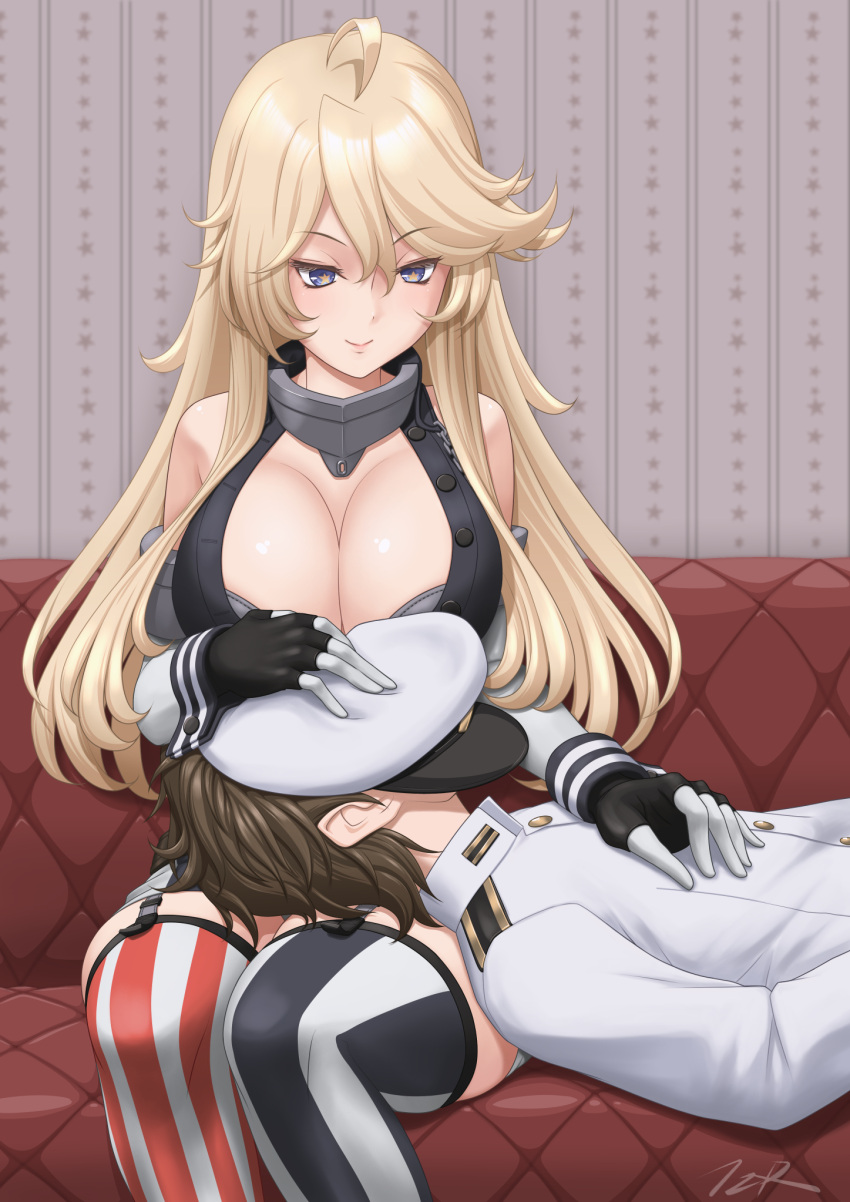 1boy 1girl admiral_(kancolle) ahoge american_flag american_flag_legwear american_flag_print asymmetrical_legwear bare_shoulders blonde_hair blue_eyes breasts brown_hair cleavage couch fingerless_gloves flag_print front-tie_top garter_straps gloves hat_on_face highres indoors iowa_(kancolle) kantai_collection lap_pillow large_breasts long_hair looking_at_another miniskirt mismatched_legwear sitting skirt star-shaped_pupils star_(symbol) striped striped_thighhighs symbol-shaped_pupils t2r thighhighs uniform vertical-striped_thighhighs vertical_stripes