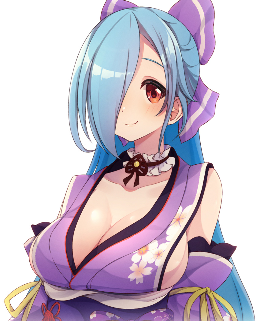 .live 1girl blue_hair bow breasts choker cleavage closed_mouth detached_sleeves frilled_choker frills hair_bow hair_over_one_eye highres japanese_clothes kimono large_breasts long_hair looking_at_viewer orange_eyes purple_bow purple_kimono purple_sleeves simple_background smile solo suzushika_(13_96) upper_body virtual_youtuber white_background white_choker yamato_iori