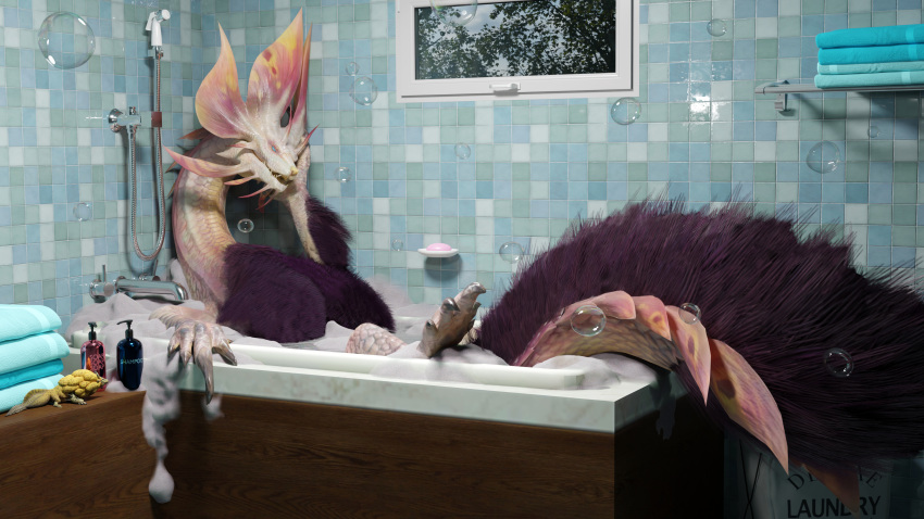 16:9 2021 3d_(artwork) 4k absurd_res ambiguous_gender bath bathing bathroom bodily_fluids bubble capcom claws detailed_background digital_media_(artwork) dispenser feet feral fluffy fluffy_chest fluffy_tail fur green_body green_scales hair hand_on_head hi_res inside ivorylagiacrus leviathan_(mh) looking_at_viewer ludroth lying mane mizutsune monster_hunter on_back open_mouth pink_body pink_scales purple_body purple_fur purple_hair royal_ludroth scales scalie shampoo shampoo_bottle size_difference soap soap_dispenser solo sponge teeth video_games water wet white_body white_scales widescreen window