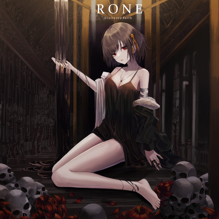 1girl arm_up bandages bangs bare_legs bare_shoulders barefoot black_hair breasts cleavage coat dress eyebrows_hidden_by_hair flower hair_ribbon highres jewelry looking_at_viewer necklace off_shoulder open_mouth original petals red_eyes ribbon short_hair sihana156 sitting skull solo water