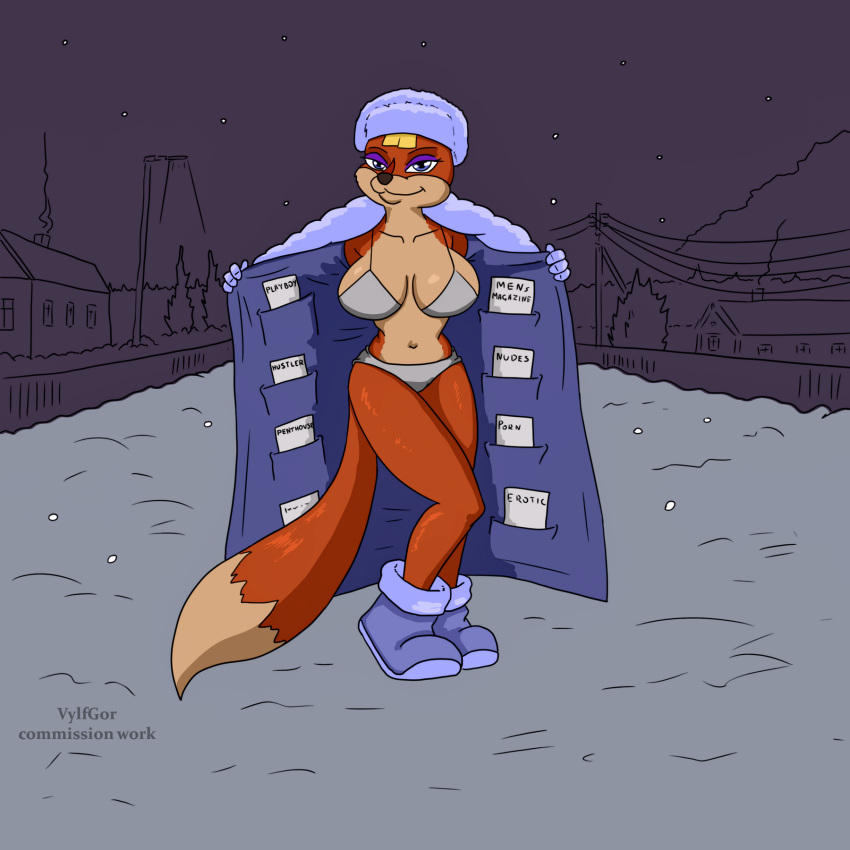 2022 4_fingers anthro bikini blonde_hair blue_eyes boots bottomwear bra breasts canid canine clothed clothing digital_media_(artwork) exhibitionism eyebrows eyelashes eyeshadow female fingers footwear fox fur hair half-closed_eyes hi_res hut legwear looking_at_viewer makeup mammal markings multicolored_body multicolored_fur multicolored_tail narrowed_eyes navel orange_body orange_fur partially_clothed plant pose purple_clothing raised_clothing raised_topwear red_fox ring_piercing russian russian_hut smile snow solo soviet_cartoon soyuzmultfilm speculator_the_vixen standing swimwear tail_markings tan_body tan_fur the_pill thigh_boots thigh_highs topwear tree two_tone_body two_tone_fur underwear vylfgor white_body white_fur winter yellow_eyes