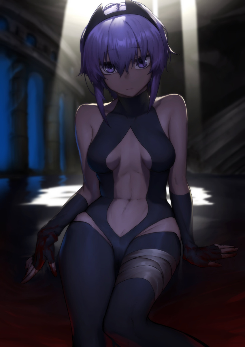 1girl abs absurdres bandages bangs bare_arms bare_shoulders bodysuit breasts dark-skinned_female dark_skin elbow_gloves eyebrows_hidden_by_hair fate/grand_order fate/prototype fate/prototype:_fragments_of_blue_and_silver fate_(series) fingerless_gloves gloves hair_between_eyes hairband hassan_of_serenity_(fate) hekonda_kan highres looking_at_viewer purple_eyes purple_hair short_hair sitting solo stomach