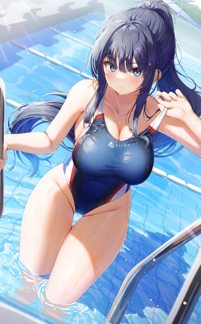 1girl absurdres adjusting_clothes arm_up bangs bare_arms blue_archive blue_eyes blue_hair blue_one-piece_swimsuit blush breasts cleavage closed_mouth commentary_request competition_swimsuit day dutch_angle floating_hair halo highleg highleg_swimsuit highres holding kuria_(clear_trip_second) large_breasts long_hair looking_at_viewer multicolored_clothes multicolored_swimsuit one-piece_swimsuit outdoors paid_reward_available ponytail pool pool_ladder saori_(blue_archive) sideboob sidelocks solo sunlight swimsuit swimsuit_tug taut_clothes taut_swimsuit thigh_gap thighs undersized_clothes wading water wet