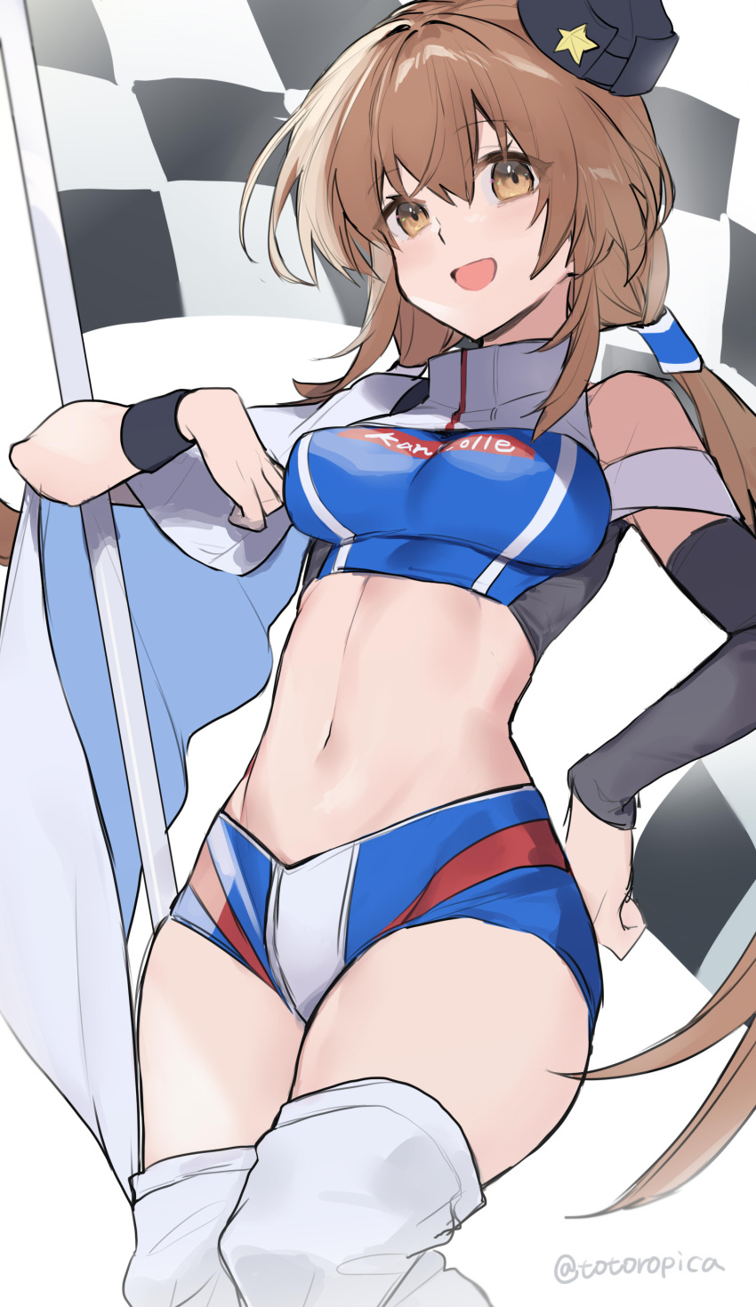 1girl absurdres bad_anatomy black_headwear blush breasts brown_eyes brown_hair checkered_flag clothes_writing feet_out_of_frame flag hair_between_eyes hat highres kantai_collection long_hair low_twintails medium_breasts navel one-hour_drawing_challenge open_mouth picoli1313 race_queen simple_background smile solo tashkent_(kancolle) thighhighs twintails twitter_username white_background white_thighhighs
