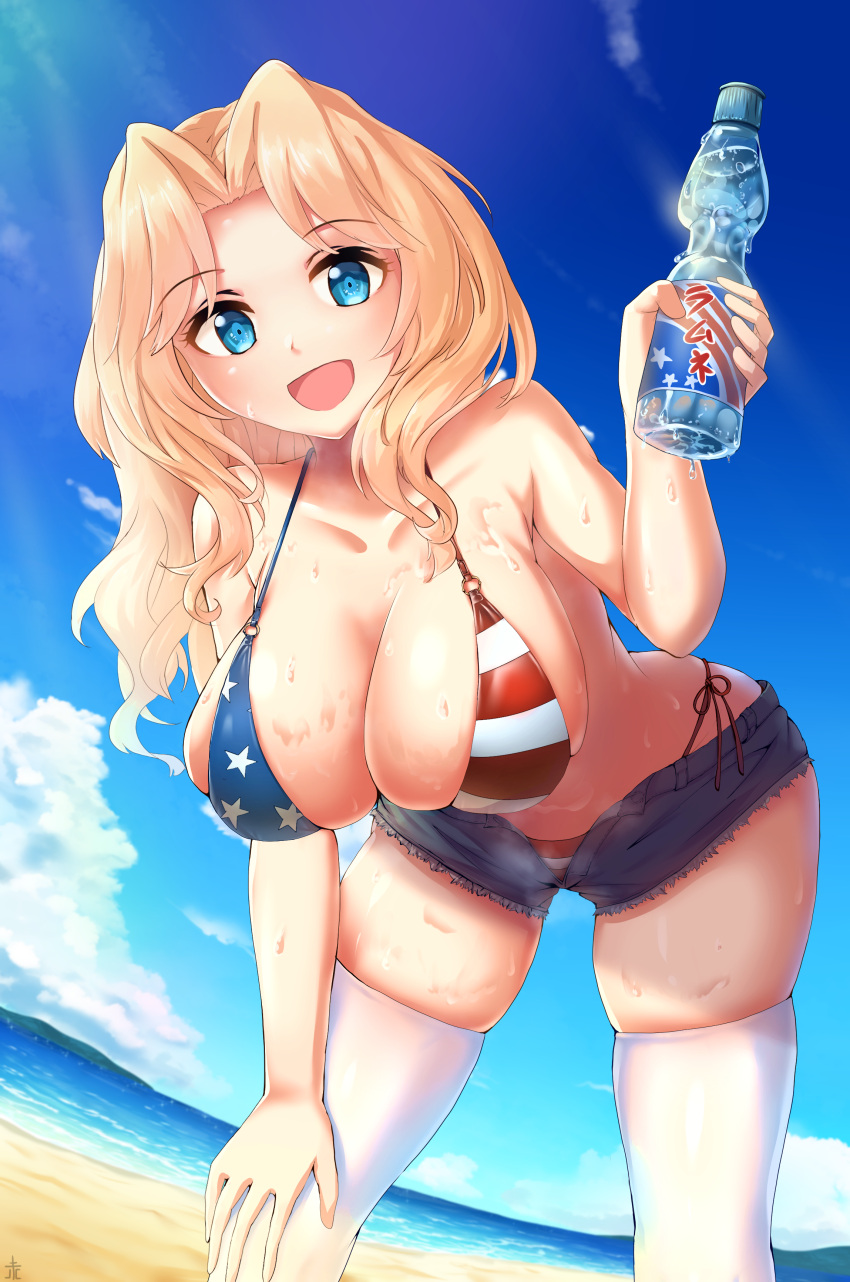 1girl absurdres american_flag_bikini beach bikini blonde_hair blue_eyes blue_shorts blush bottle breasts cleavage flag_print girls_und_panzer highres holding holding_bottle kay_(girls_und_panzer) large_breasts leochan1202 long_hair looking_at_viewer ocean open_mouth outdoors shiny shiny_hair short_shorts shorts side-tie_bikini_bottom solo sweat swimsuit thighhighs white_thighhighs