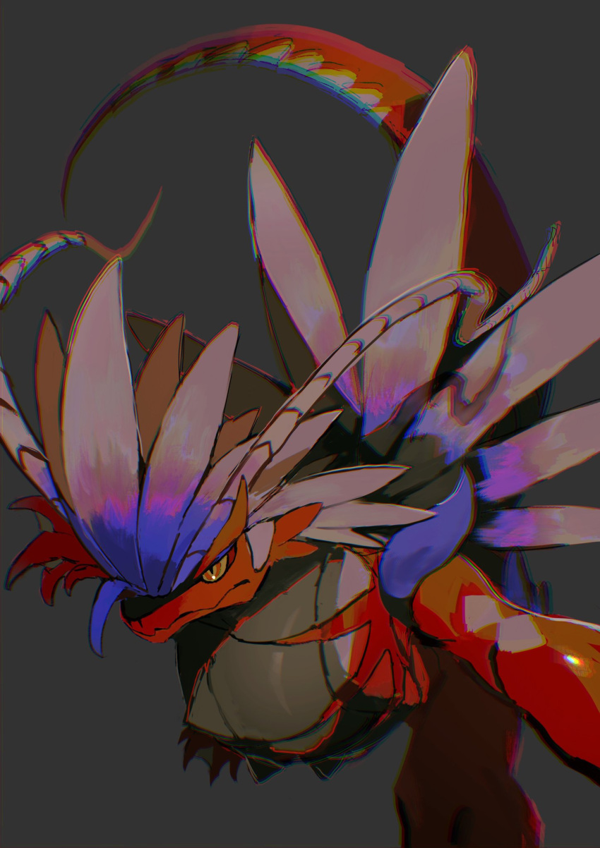 1other arm_up blue_hair chromatic_aberration closed_mouth colored_sclera colored_skin commentary furirikkuru furry grey_background highres koraidon lizard_tail multicolored_eyes multicolored_hair orange_eyes other_focus outstretched_arm pokemon pokemon_(creature) red_skin running simple_background slit_pupils snout solo tail two-tone_hair white_hair yellow_eyes yellow_sclera