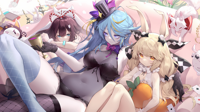 3girls absurdres ahoge alcohol animal_ears bed benghuai_xueyuan black_bra black_panties blanket blonde_hair blue_eyes blue_hair bodystocking bow bra braid breasts carrot character_request colored_skin cup eating flower food fox gem gloves gold green_eyes grey_skin hair_ornament hat highres honkai_(series) ice_cream large_breasts long_hair looking_at_viewer lying mad_hatter_(honkai) maggie_(honkai) multicolored_hair multiple_girls navel object_hug official_art panties poker purple_hair rabbit rabbit_ears ribbon see-through shanyao_jiang_tororo sitting twintails underwear wine yellow_eyes