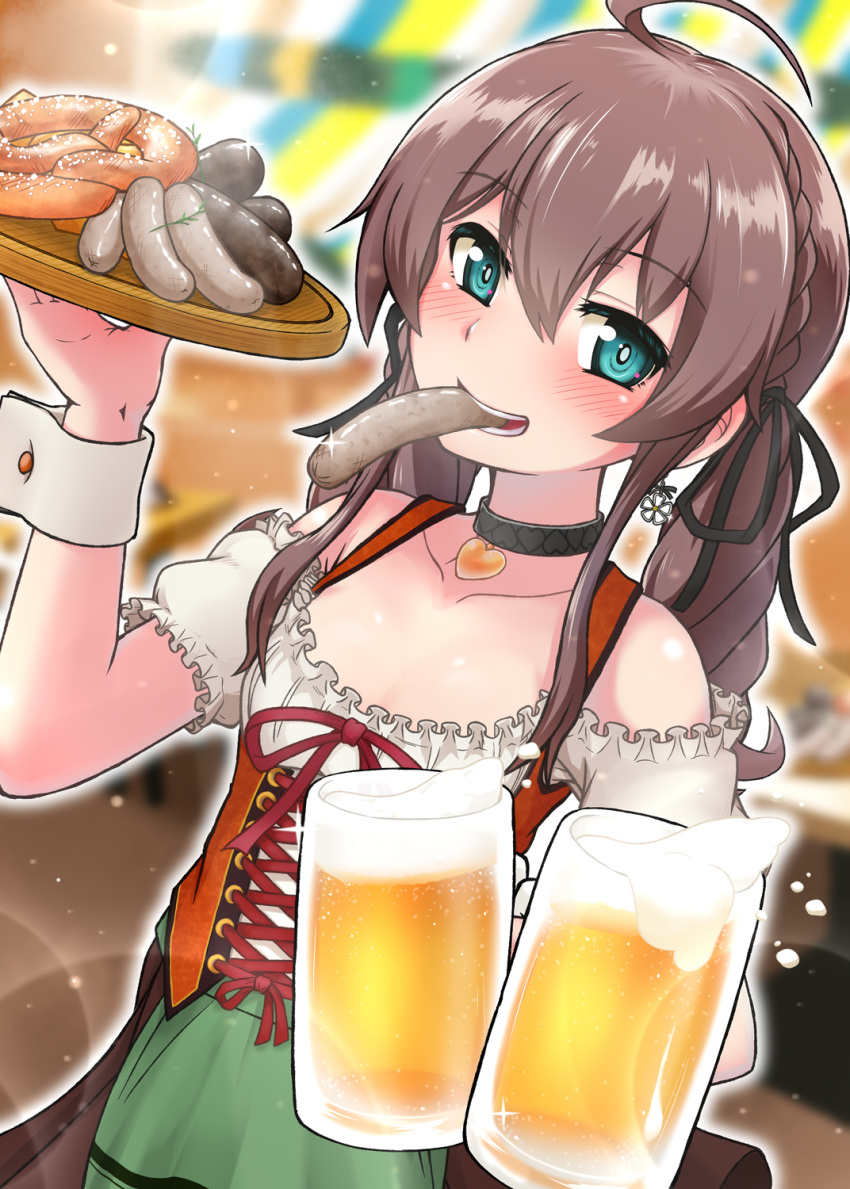 1girl ahoge alcohol ashiga_oreta bangs beer beer_mug black_choker black_ribbon blue_eyes blush braid breasts brown_hair choker commentary crown_braid cup dirndl drill_hair earrings flower_earrings food food_in_mouth german_clothes hair_between_eyes hair_ribbon highres holding holding_tray hololive jewelry medium_hair mug natsuiro_matsuri oktoberfest pov pretzel ribbon small_breasts smile solo tray twin_drills upper_body virtual_youtuber wrist_cuffs