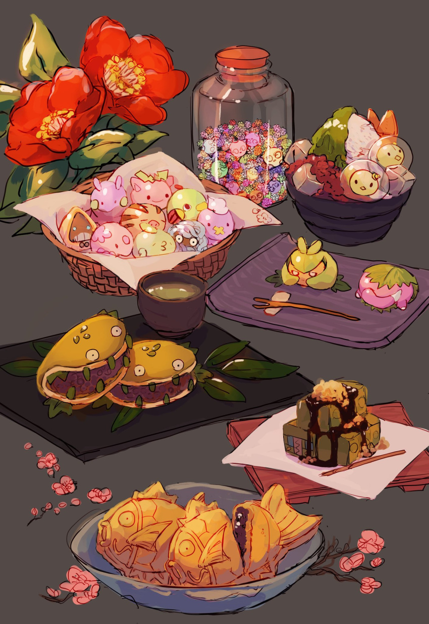 basket bowl camellia candy carnivine charjabug cherry_blossoms chopstick_rest chopsticks commentary cup drifloon flower food food_focus furirikkuru goomy green_tea grey_background gulpin highres hoppip jar leaf magikarp minior minior_(blue_core) minior_(core) minior_(green_core) minior_(indigo_core) minior_(orange_core) minior_(red_core) minior_(violet_core) minior_(yellow_core) munna napkin natu no_humans petals pink_flower pokemon pokemon_(creature) ramune red_flower simple_background sketch slowpoke snorunt solosis sushi_geta swadloon swinub taiyaki tangela tea tray wagashi