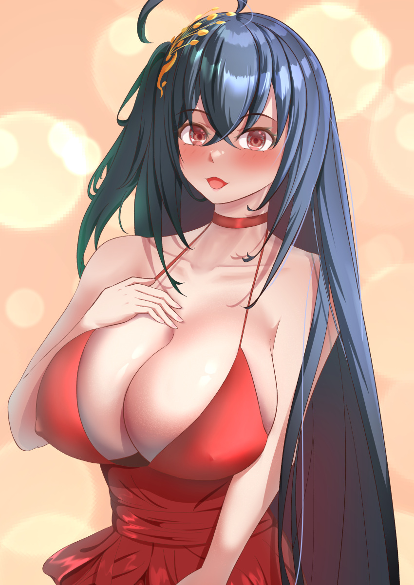 1girl absurdres ahoge azur_lane black_hair breasts choker cleavage cocktail_dress covered_nipples dress evening_gown hair_ornament hand_on_own_chest highres huge_breasts long_hair looking_at_viewer no_bra official_alternate_costume open_mouth red_choker red_dress red_eyes simple_background solo sub_aru_b_skl taihou_(azur_lane) taihou_(forbidden_feast)_(azur_lane) upper_body very_long_hair