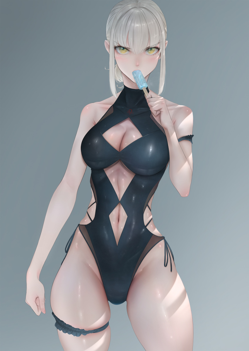 1girl artoria_pendragon_(fate) bangs bare_shoulders black_one-piece_swimsuit blonde_hair blush breasts cleavage fate/grand_order fate_(series) highres imizu_(nitro_unknown) large_breasts long_hair looking_at_viewer navel one-piece_swimsuit saber_alter solo swimsuit thighs yellow_eyes