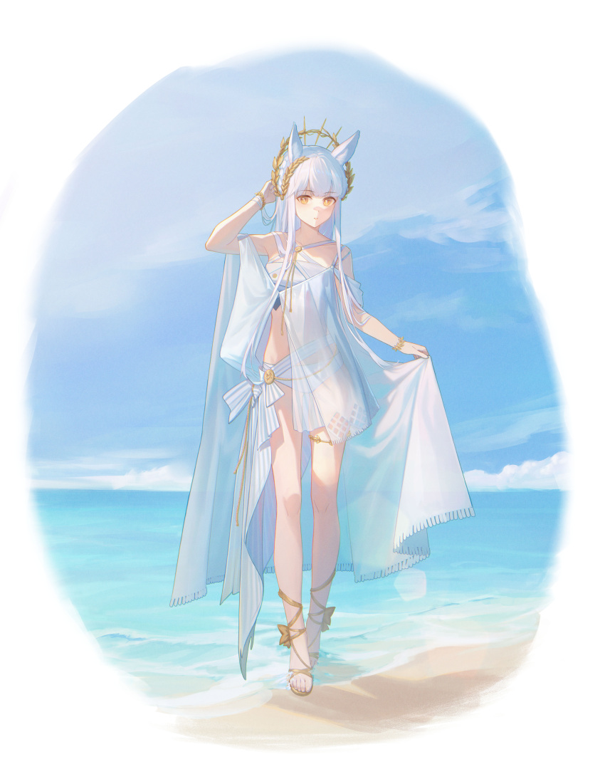 1girl absurdres animal_ears arknights beach bikini blue_sky hand_up highres horse_ears horse_girl laurel_crown looking_at_viewer official_alternate_costume outdoors platinum_(arknights) platinum_(shimmering_dew)_(arknights) sand sandals sidelocks sky solo standing swimsuit water white_bikini white_hair yellow_eyes yidie