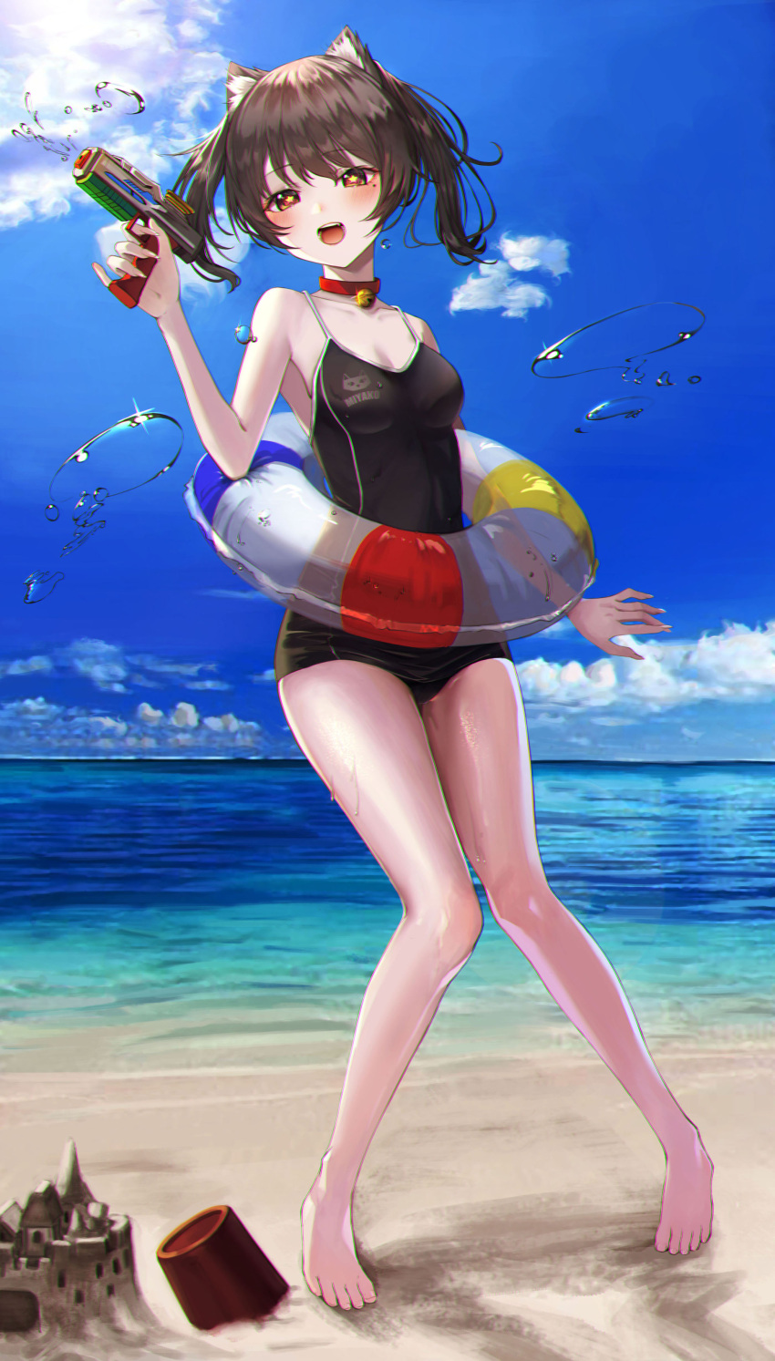 1girl absurdres animal_ears bangs bare_arms bare_legs bare_shoulders barefoot beach bell black_hair blue_sky breasts cat_ears cat_girl cloud eyebrows_hidden_by_hair hair_between_eyes highres lifebuoy looking_at_viewer neck_bell ocean original red_eyes sand sand_castle sand_sculpture school_swimsuit short_hair sihana156 sky smile standing star-shaped_pupils star_(symbol) swimsuit symbol-shaped_pupils twintails