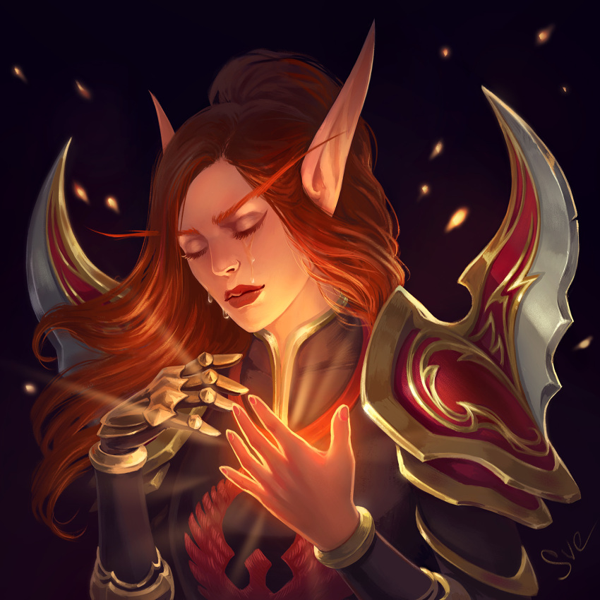 1girl armor blood_elf_(warcraft) closed_eyes elf gold_trim highres lady_liadrin long_eyebrows long_pointy_ears paladin_(warcraft) pointy_ears red_armor red_hair shoulder_armor svelien warcraft world_of_warcraft