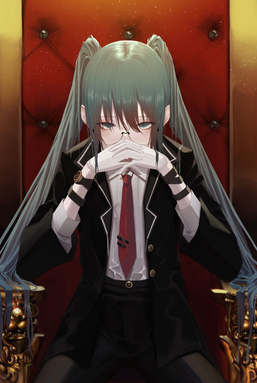 1girl absurdres bangs chair coat eyebrows_hidden_by_hair formal glasses gloves green_eyes green_hair hair_between_eyes hatsune_miku highres long_hair looking_at_viewer military military_uniform necktie shirt sihana156 sitting solo suit twintails uniform vocaloid watch white_gloves white_shirt