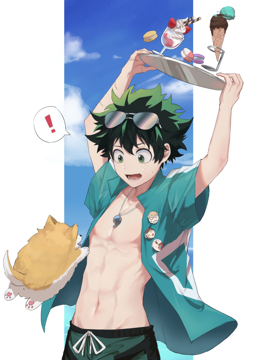 1boy absurdres amedan arms_up bad_id bad_twitter_id bakugou_katsuki bangs beach boku_no_hero_academia dog eyewear_on_head food freckles green_eyes green_hair green_shirt highres holding holding_plate ice ice_cream ice_wings jewelry male_focus male_swimwear midoriya_izuku navel necklace ocean open_clothes open_mouth open_shirt outdoors palm_tree plate shirt short_hair smile sundae sunglasses swim_trunks todoroki_shouto toned toned_male tree uraraka_ochako whistle whistle_around_neck wings