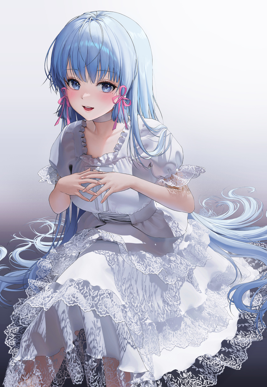 1girl alternate_costume alternate_hairstyle blue_eyes blue_hair blush cross-laced_clothes dress frilled_dress frills genshin_impact gradient gradient_background grey_background highres interlocked_fingers kamisato_ayaka lace-trimmed_dress lace_trim long_hair looking_at_viewer mole mole_under_eye parted_lips puffy_short_sleeves puffy_sleeves short_sleeves sitting smile solo teeth upper_teeth very_long_hair white_dress yoyayogurt