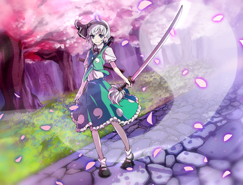 1girl black_footwear black_hairband blue_eyes bob_cut bow_hairband cherry_blossoms dutch_angle full_body glowing_petals green_skirt hair_ribbon hairband highres hitodama_print holding holding_sword holding_weapon kamabokopic katana konpaku_youmu konpaku_youmu_(ghost) mary_janes pavement ribbon scabbard sheath sheathed shirt shirt_tucked_in shoes short_hair skirt skirt_set smile solo sword tassel touhou tree unsheathed wakizashi weapon white_hair white_shirt youmu_day