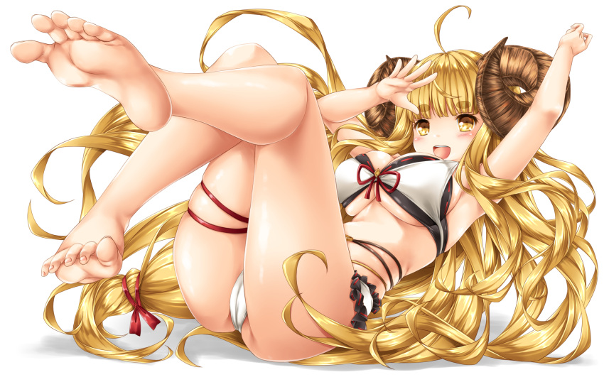 1girl ahoge anila_(granblue_fantasy) arm_up ass bangs bare_legs barefoot bikini blonde_hair blunt_bangs breasts brown_eyes cameltoe cleavage draph full_body granblue_fantasy highres horns kamiya_tomoe large_breasts layered_bikini long_hair looking_at_viewer lying on_back open_mouth simple_background smile solo swimsuit thigh_strap toes underboob very_long_hair white_background
