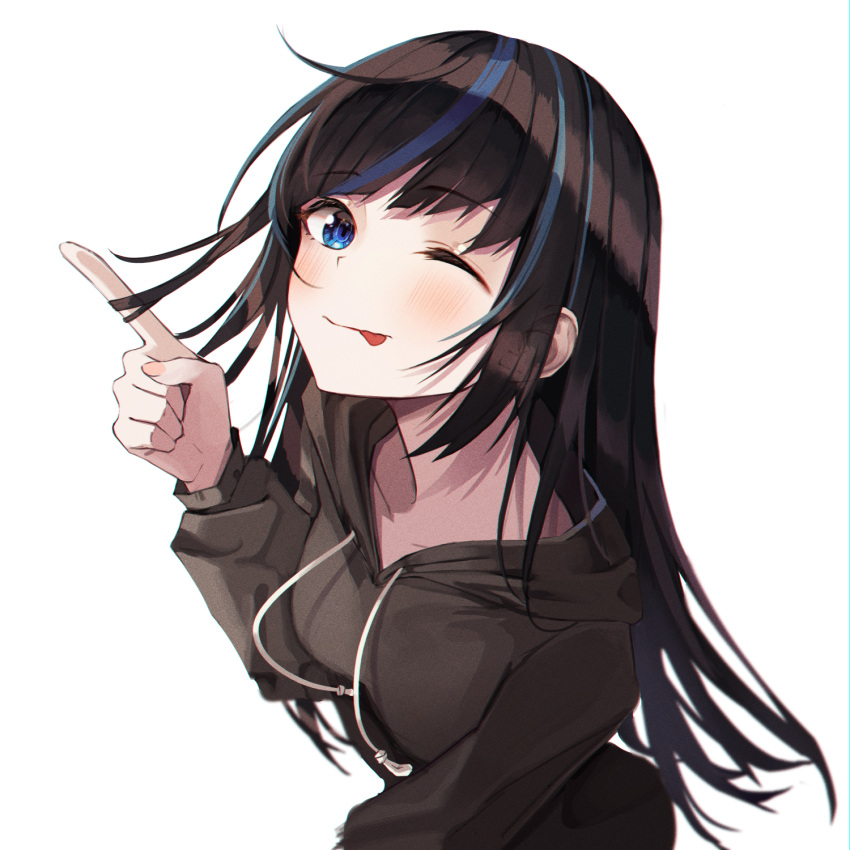 1girl bangs black_hair blue_eyes blue_hair breasts eyebrows_hidden_by_hair highres hood hoodie long_hair looking_at_viewer multicolored_hair one_eye_closed original sihana156 simple_background smile solo tongue tongue_out white_background