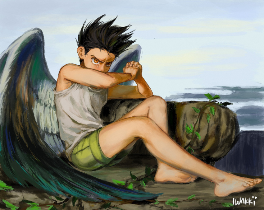 1boy absurdres angel angel_wings bare_legs bare_shoulders barefoot black_hair child english_commentary fallen_angel_(painting) feathered_wings feathers feet gon_freecss green_shorts highres hunter_x_hunter iwakki looking_at_viewer male_child male_focus on_ground outdoors short_hair shorts sitting solo spiked_hair tank_top tears toenails toes white_tank_top white_wings wings yellow_eyes