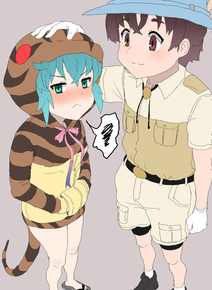 1boy 1girl absurdres bike_shorts bike_shorts_under_shorts blue_hair blush brown_hair captain_(kemono_friends) collared_shirt commentary_request embarrassed gloves green_eyes hand_on_another's_head hands_in_pockets highres hood hood_up hoodie kemono_friends kemono_friends_3 khakis kumasyan1998 long_sleeves print_hoodie sandals shirt short_hair short_sleeves shorts snake_print snake_tail spoken_squiggle squiggle t-shirt tail tsuchinoko_(kemono_friends) uniform white_gloves