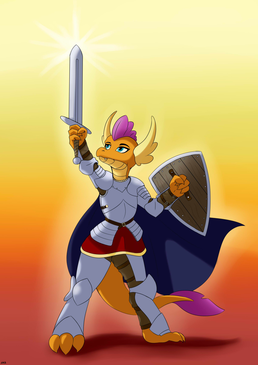 absurd_res anthro armor dragonburn female friendship_is_magic hasbro hi_res my_little_pony shield smolder_(mlp) solo weapon