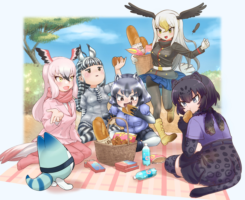 5girls animal_ears animal_print arm_behind_back bald_eagle_(kemono_friends) bangs basket bird_girl bird_tail bird_wings black_hair black_jaguar_(kemono_friends) blanket blonde_hair blue_eyes blunt_ends boots border bottle bread breast_pocket bright_pupils brown_eyes collared_shirt common_raccoon_(kemono_friends) day eating elbow_gloves extra_ears fang floating food food_in_mouth full_body gloves greater_flamingo_(kemono_friends) grey_hair hair_between_eyes hand_up head_wings highres holding holding_food jacket jaguar_ears jaguar_girl jaguar_print jaguar_tail japanese_clothes japari_symbol jitome kemono_friends kimono layered_sleeves leaning_forward long_hair long_sleeves looking_at_another looking_at_food looking_at_object lucky_beast_(kemono_friends) medium_hair microskirt multicolored_hair multiple_girls necktie ogami_tadashina open_mouth outdoors pantyhose parted_lips picnic picnic_basket pink_hair pink_jacket plains_zebra_(kemono_friends) plastic_bottle pleated_skirt pocket print_gloves print_kimono print_necktie print_skirt print_sleeves raccoon_ears raccoon_girl scarf shirt short_over_long_sleeves short_sleeves sidelocks sitting skirt smile snack spread_wings tail thighhighs tree tsurime two-tone_hair very_long_hair white_border white_hair white_pupils wing_collar wings yellow_eyes zebra_ears zebra_girl zebra_print