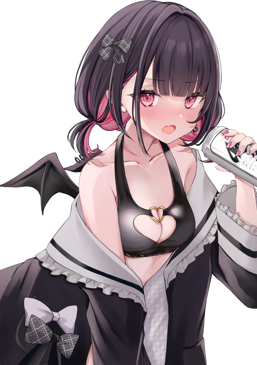 1girl absurdres alcohol asahi_breweries bangs bare_shoulders beer beer_can black_hair blush bow breasts can cleavage collarbone detached_sleeves earrings fake_wings fang fingernails frills hand_up highres holding indie_virtual_youtuber jewelry long_sleeves looking_at_viewer medium_breasts mini_wings multicolored_hair nail_polish open_mouth pink_eyes pink_hair rikotan rikotan_(vtuber) scan shiny shiny_hair short_hair simple_background single_earring skin_fang solo virtual_youtuber wings