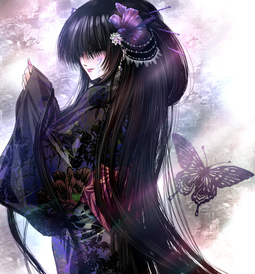 1girl animal_print auge_(akd) bangs black_hair bug butterfly butterfly_print floral_print flower hagoromo_gitsune hair_flower hair_ornament hair_over_eyes highres japanese_clothes kimono long_hair long_sleeves looking_at_viewer nurarihyon_no_mago print_kimono solo very_long_hair wide_sleeves