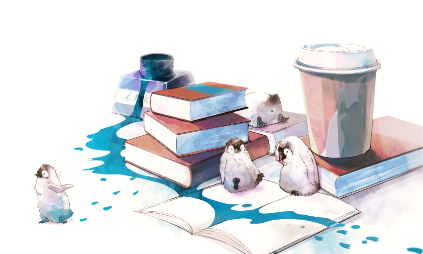 animal animal_focus bird book chicken_mura coffee_cup cup disposable_cup highres ink ink_bottle ink_stain no_humans original penguin white_background